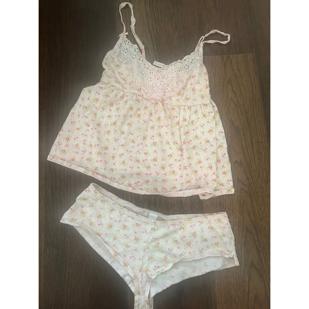 Victorias Secret Vintage Cotton Pajama Set Pink Floral Eyelet Lace Babydoll Sm